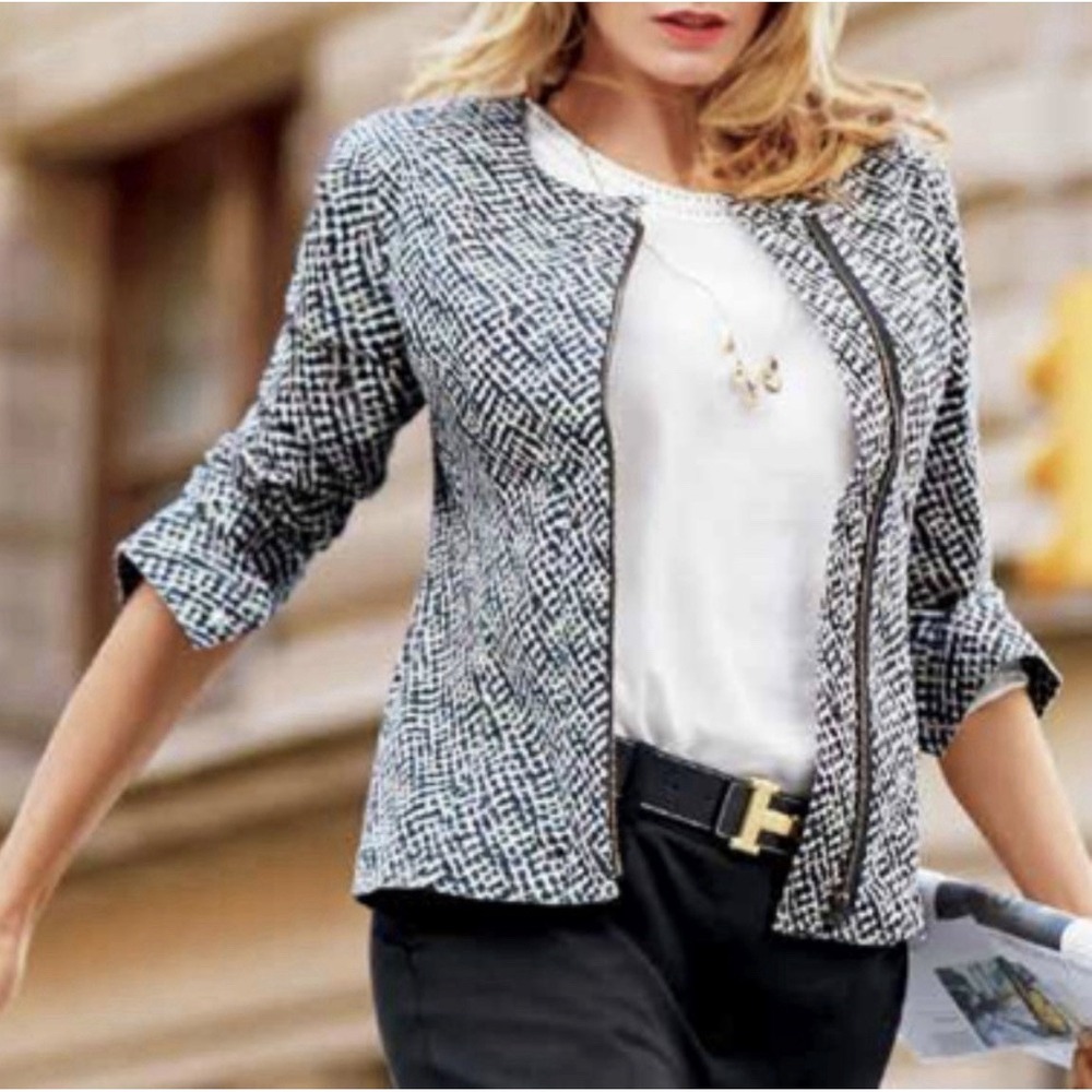 CABI Women's Cliffside Moto Jacket Full Zip White‎ Gray Patterned Size Medium